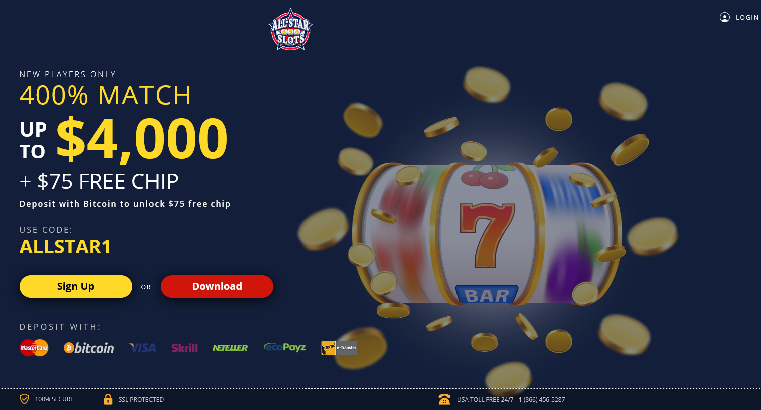 NEW PLAYERS
                                ONLY 400% MATCH UP TO $4,000 + $75 FREE
                                CHIP Deposit with Bitcoin to unlock $75
                                free chip